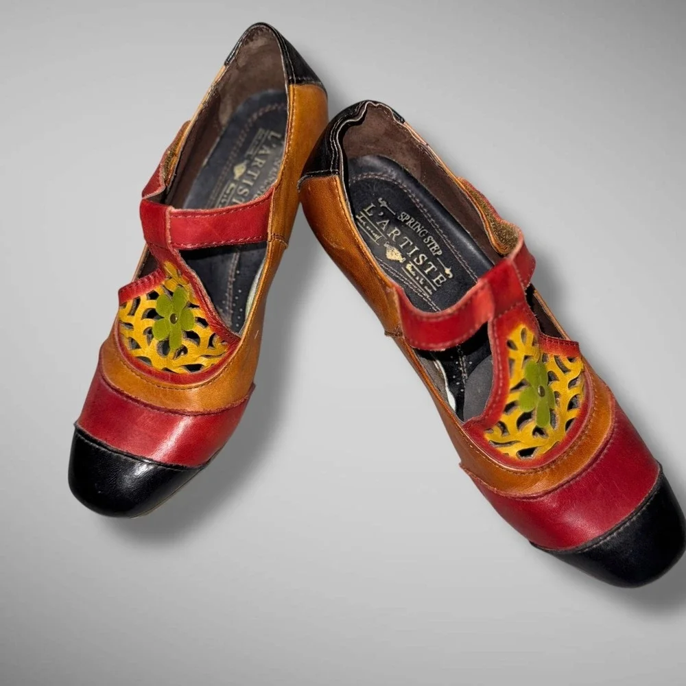 Spring Step L'Artiste Shoes Womens Size 37 Heels Leather Floral Cutout Multi